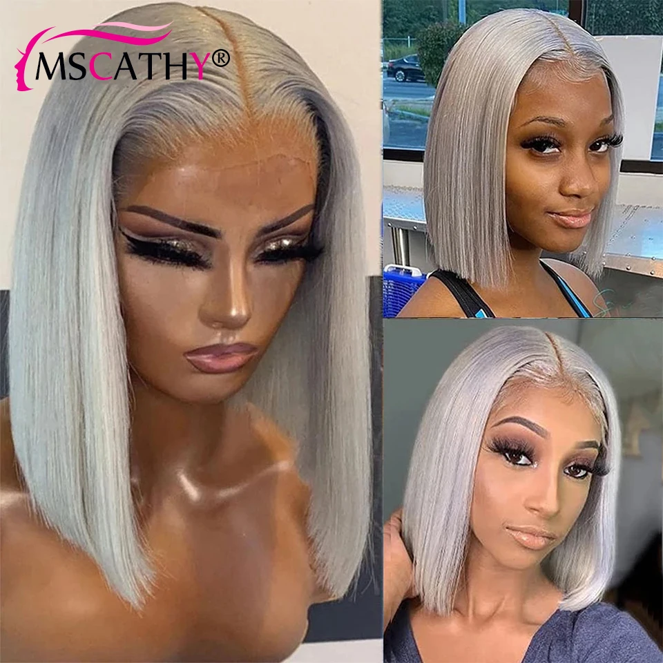 13x4 Grey Bob Lace Front Human Hair Wigs For Women HD Pre Plucked Lace Frontal Wig Straight Short Bob Lace Front Wig Virgin Hair