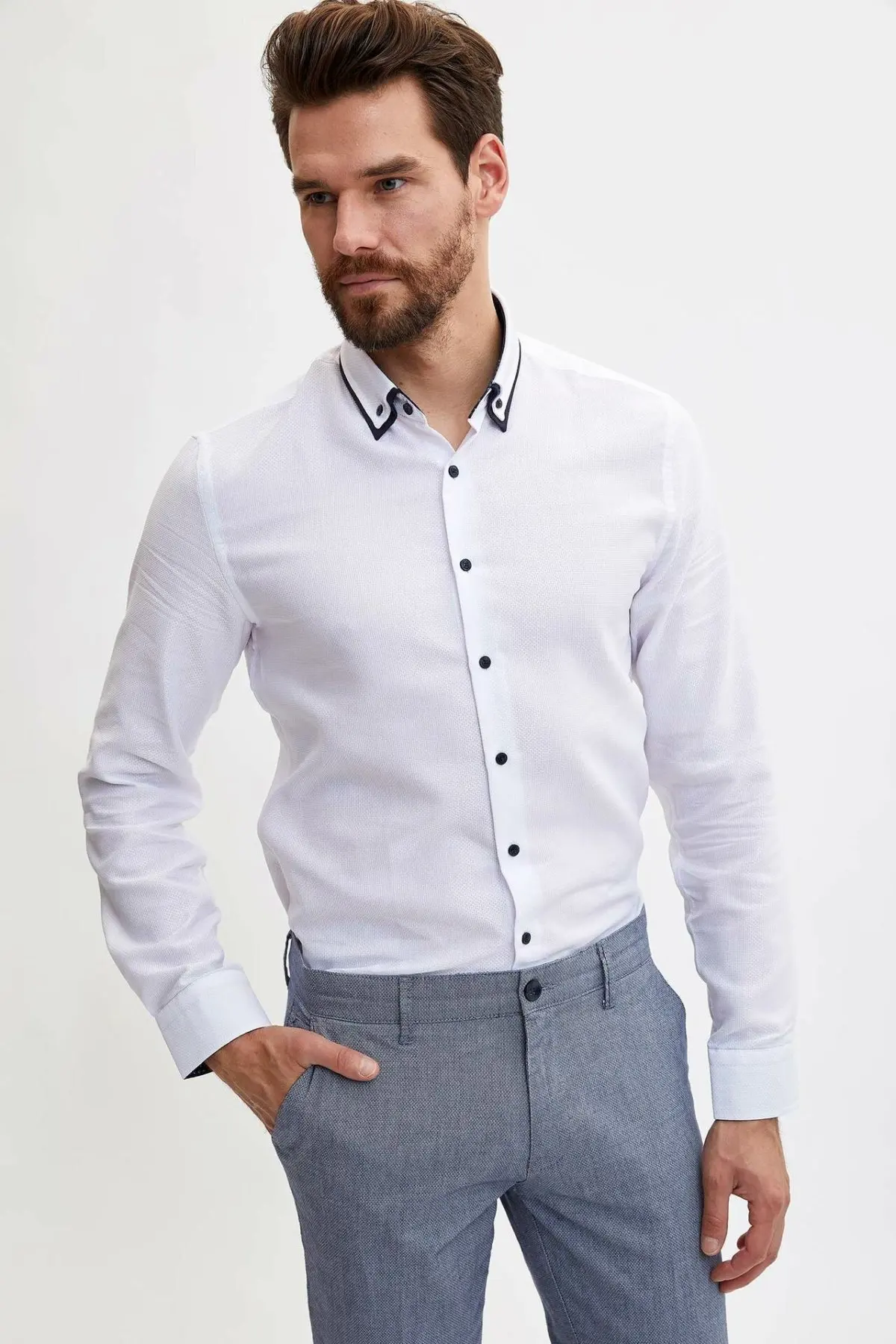 DeFacto мужская формальная белая рубашка Повседневная тканая с длинными рукавами