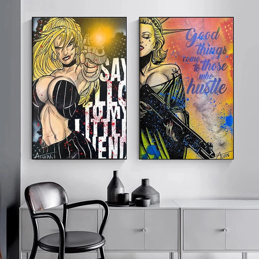 

Sexy Yellow Hair Woman With Gun Canvas Painting Cartoon Poster and Print Scar Face Girl Picture for Living Room Wall Home Decor