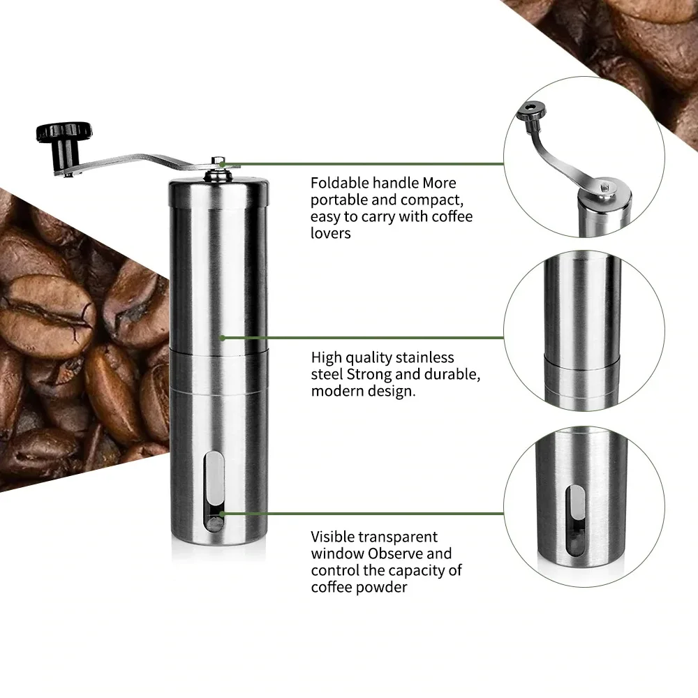 

2021 NEW! Silver Coffee Grinder Mini Stainless Steel Hand Manual Handmade Coffee Bean Burr Grinders Mill Kitchen Tool Grinders