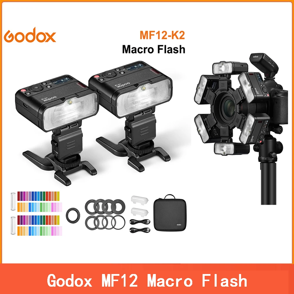 

Godox MF12-K2 Macro Flash 2-Light Kit 2.4 GHz Wireless Control 0.01 to 1.7s Recycling Time with Battery & Color Filter Diffuser