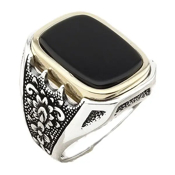

Flowered Garden Design Sterling Silver Men's Ring with Rectangle Black Onyx Natural Stone Birthday Present for Boyfriend for Son
