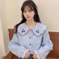 spring long sleeve top preppy style cherry embroidery peter pan collar lace trimmed puff sleeve kawaii button up shirt teen girl