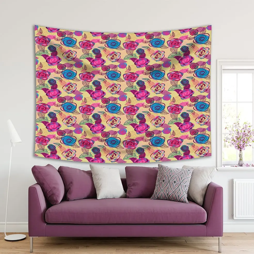 

Tapestry Abstract Rose Flower Branches Leaves with Bright Colors Romantic Floral Art Blue Fuchsia Green Beige