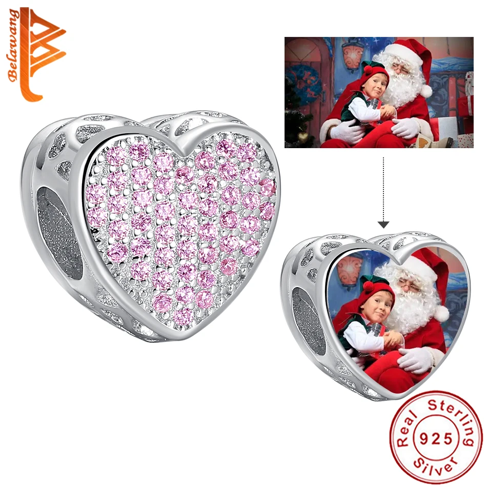 

Fits Original Bracelet 925 Sterling Silver Pink Sparkling Crystal Heart Charms Bead Custom Photo DIY Jewelry Birthday Gift