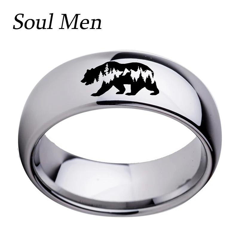 8mm Silver Color Tungsten Carbide Ring For Women Men High Polished Engagement Ring Bears in Mountains Forest Size 6-13