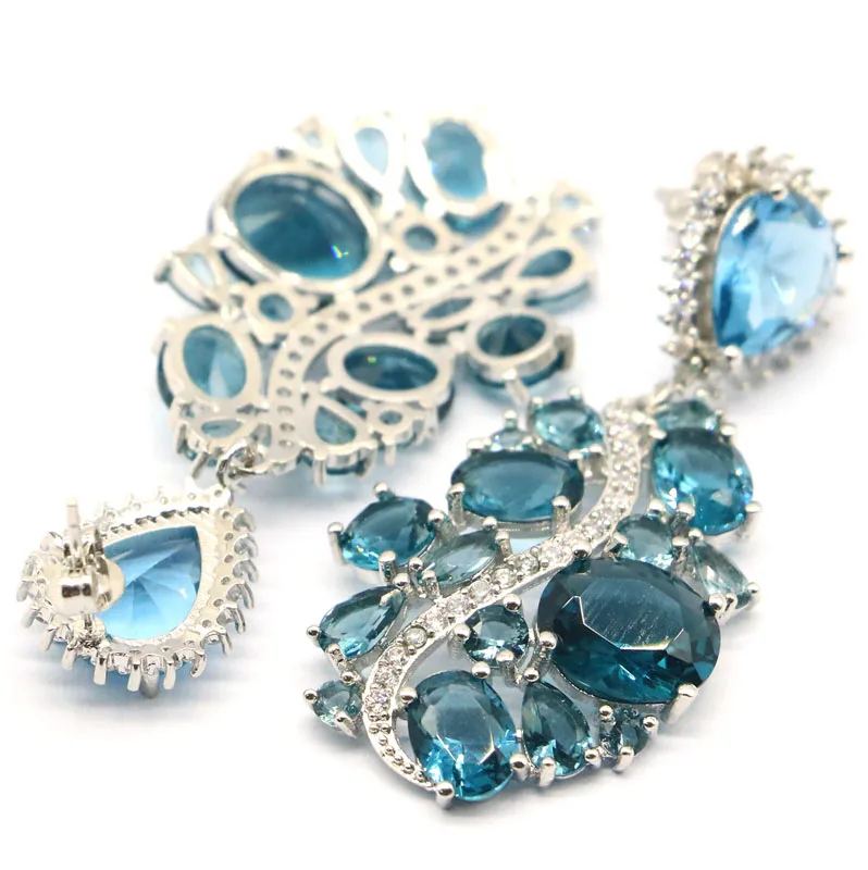 

44x25mm 2020 Awesome Long Big Dark London Blue Topaz Bright Zircon Gift Women Silver Earrings