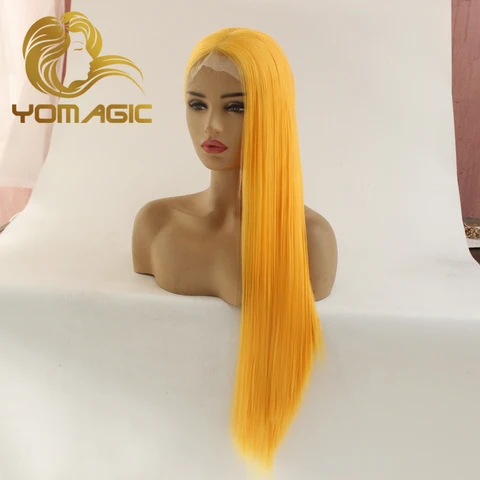 Yomic, желтый Синтетический 13X3 кружевной передний свет, искусственные прямые Термостойкие оранжевые кружевные парики для женщин, предварительно выщипанные
