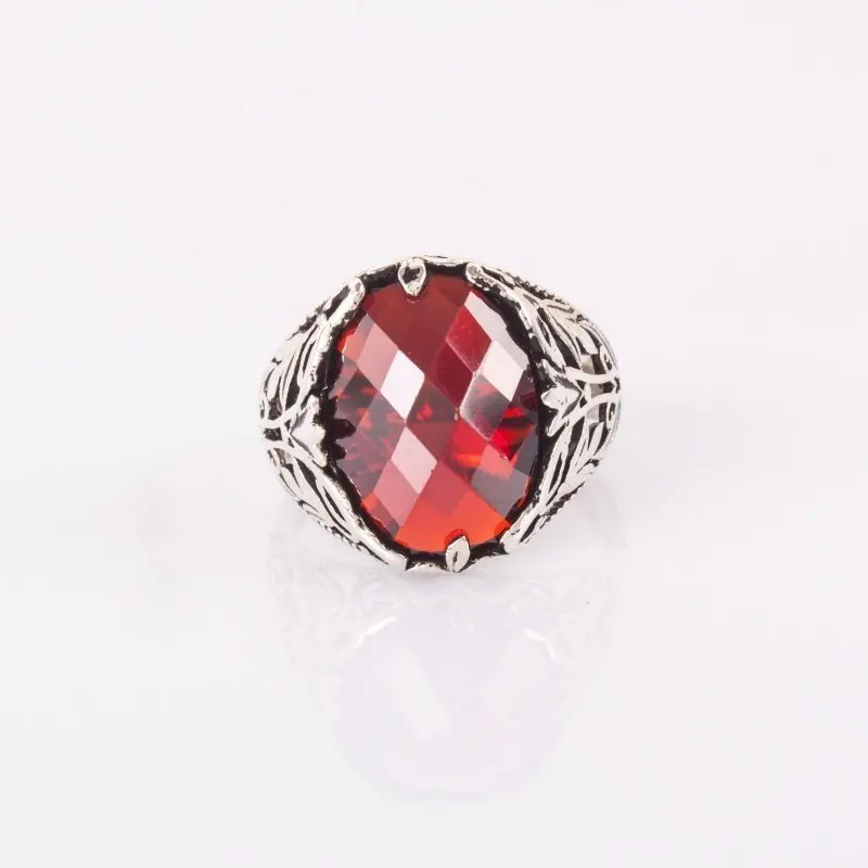 

925 Sterling Red Zircon Stone Silver Ring Fashion Turkish Premium Quality Handmade Jawelery