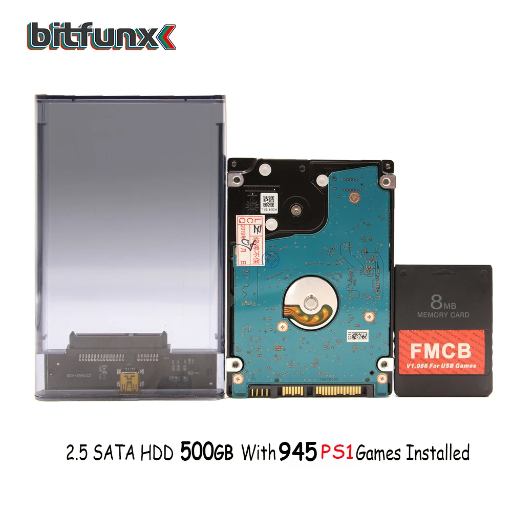 Карта Bitfunx FMCB 8 Мб/16 Мб/32 Мб/64 МБ для игр USB + 2 5 дюйма 500 Гб SATA HDD PS1 с 945 играми
