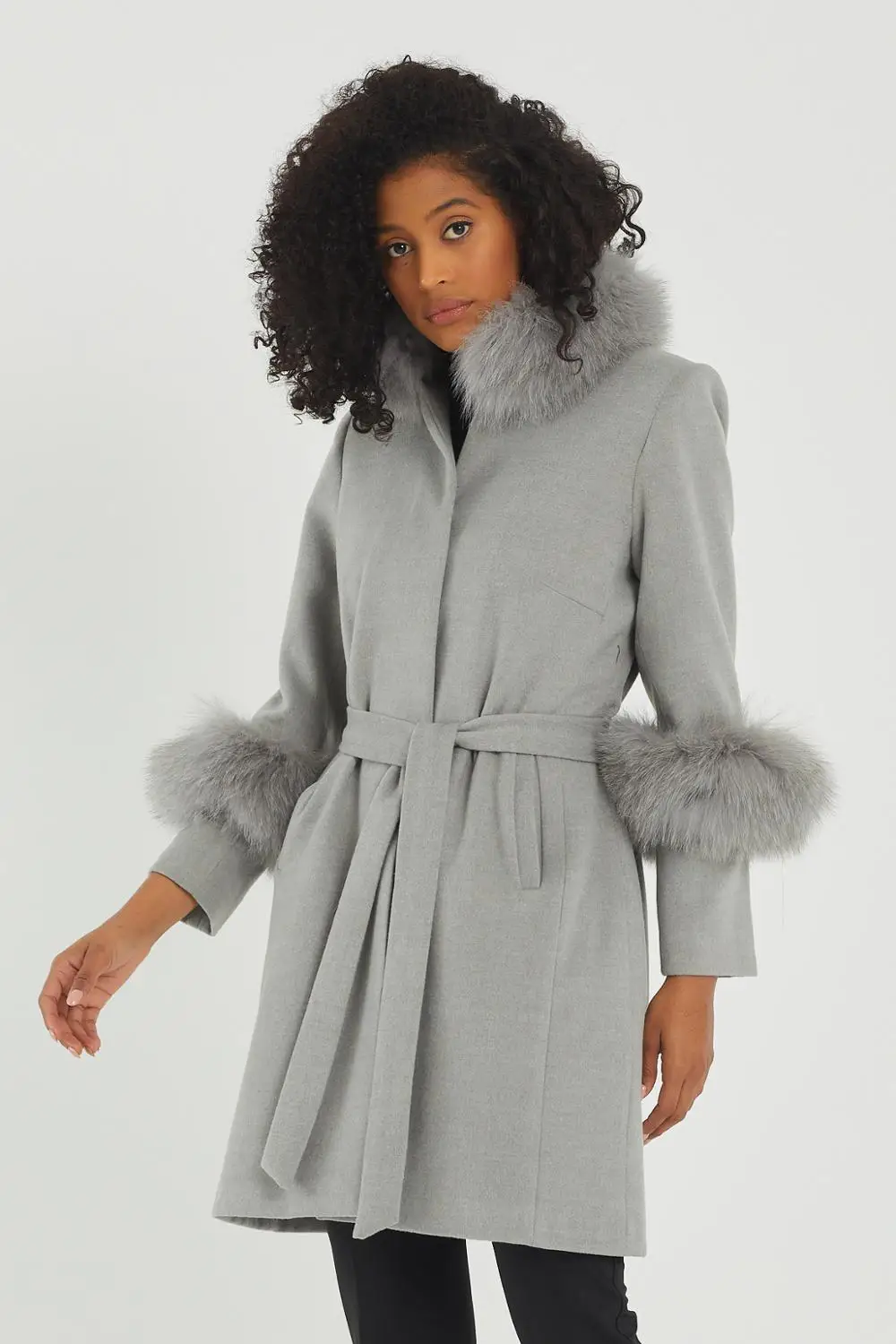 

European Size Collar and Arms With Grey Fox Fur Wool Woman Coat Brand Name NFree