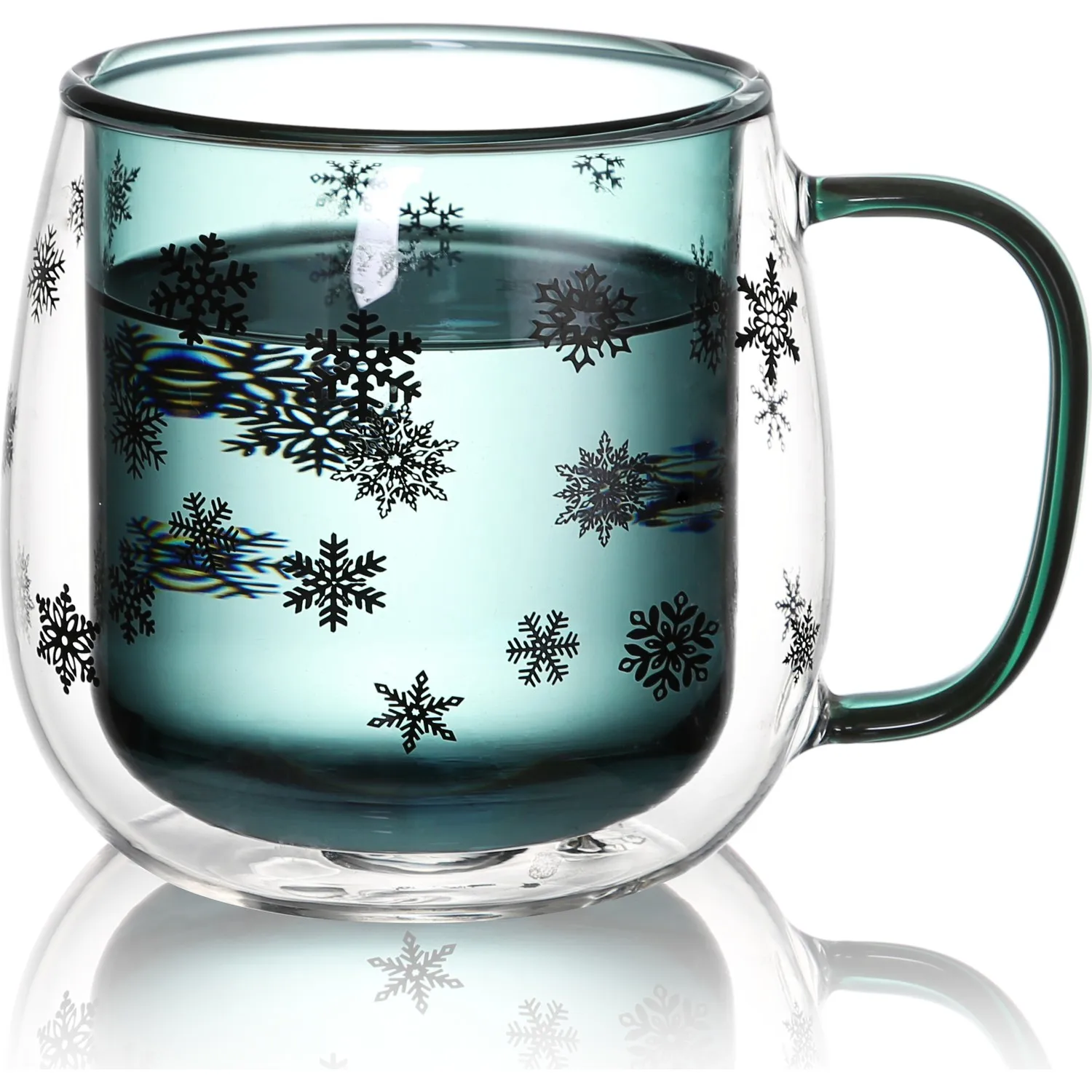 Бирюзовая кружка из двойного стекла со снежинками 250 мл боросиликатное стекло