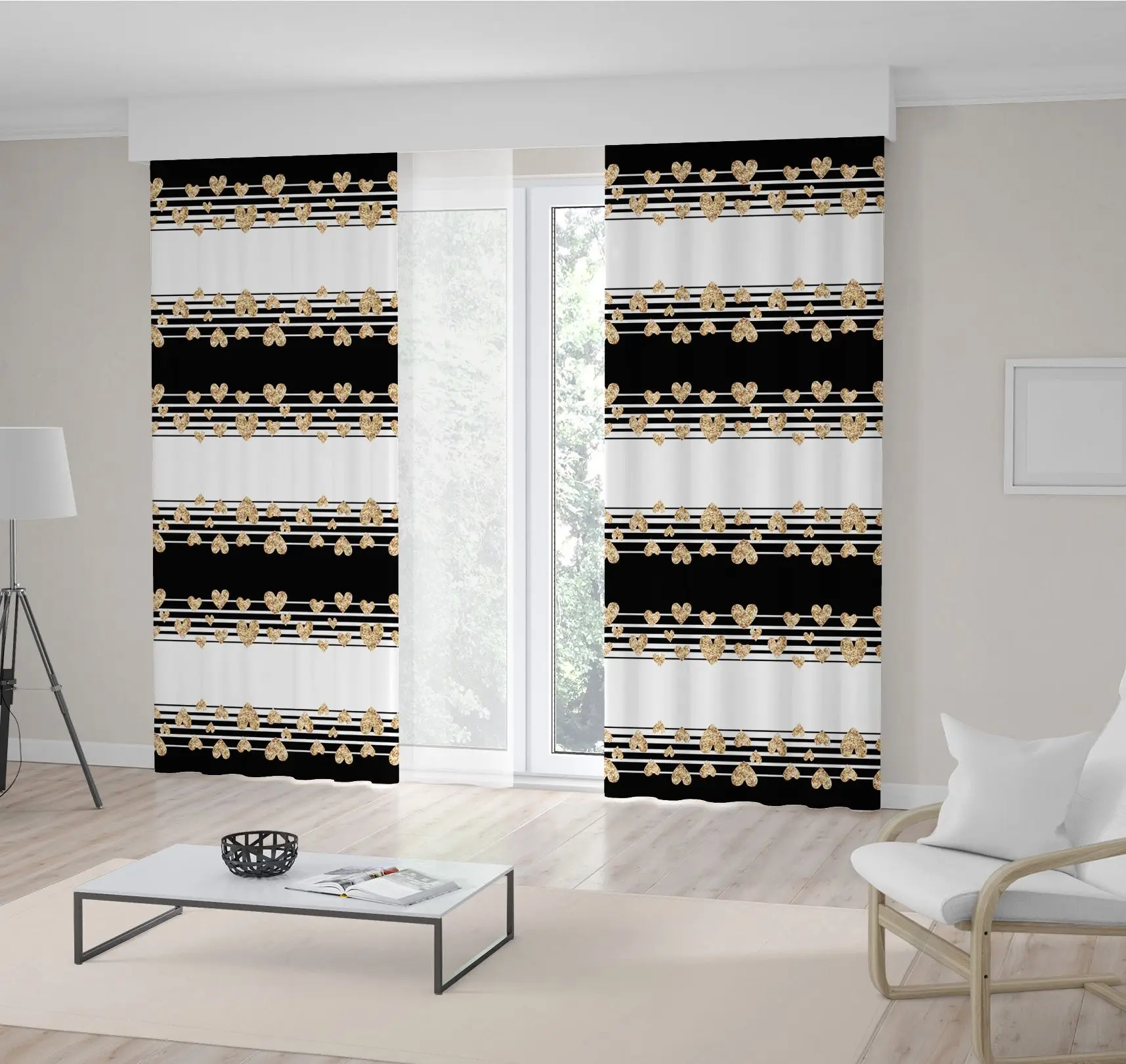 

Curtain Gold Heart Shapes on Black and White Stripes Romantic Fun Celebration Theme Artwork Print