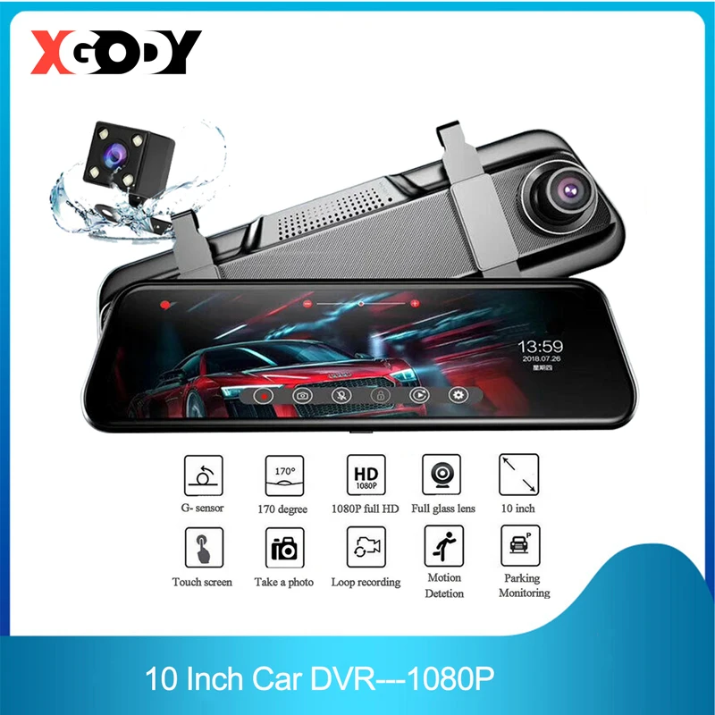 XGODY V21 10 Inch Car DVR Dash Cam Touch Screen Stream Media 1080P G-sensor Dual Lens Video Recorder Rearview Mirror Dash Camera