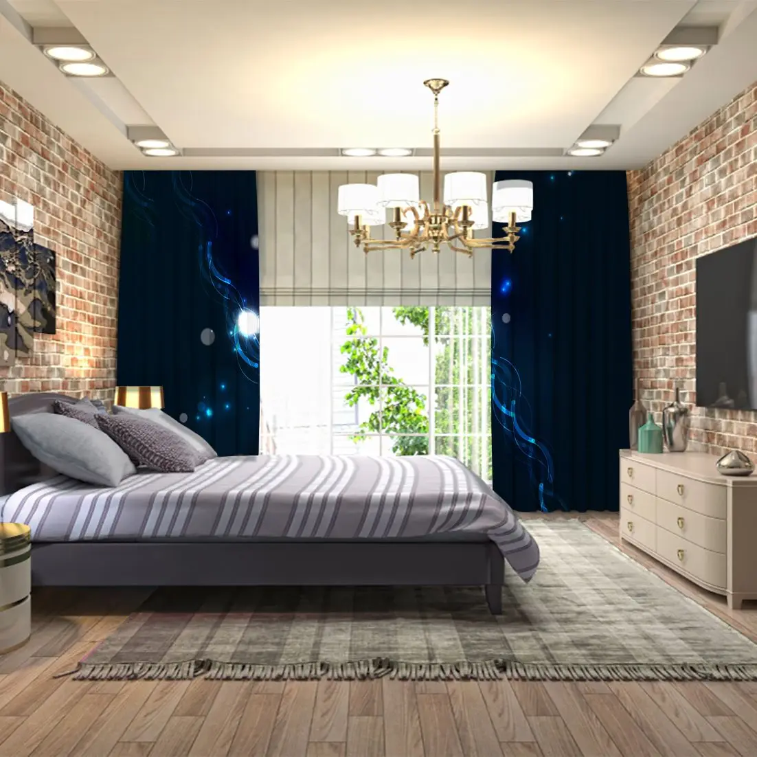 Fiyat Curtain Abstract Glowing Curvy Lines In Dark Space With Stars Futuristic Wave Digital Artwork Blue White