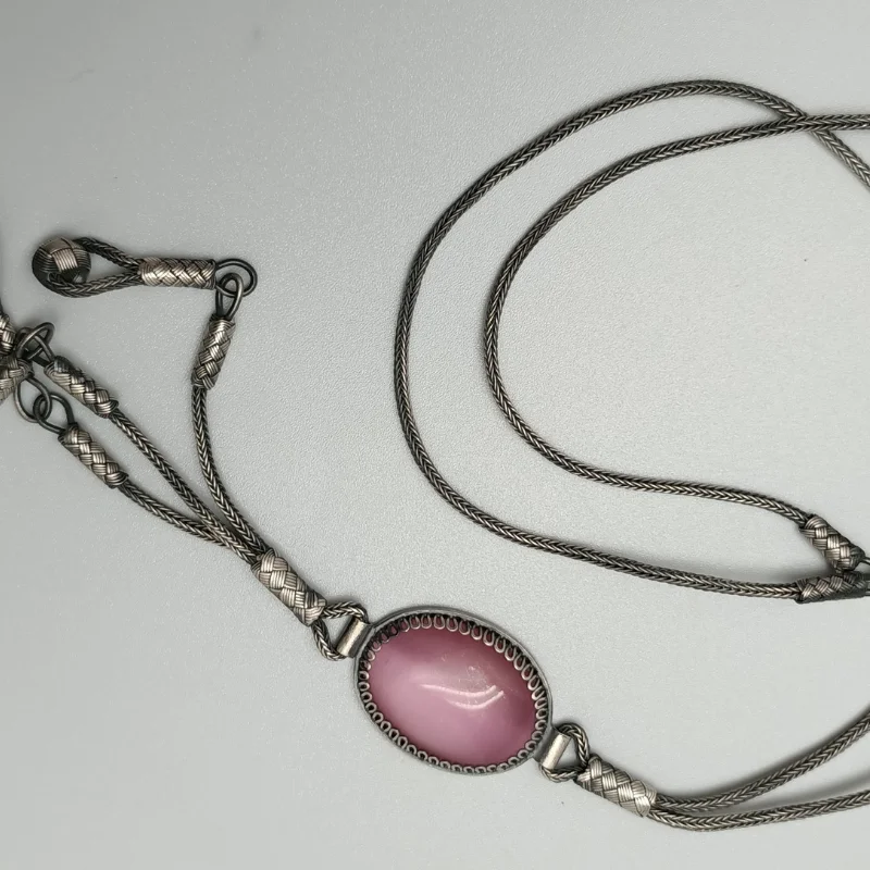 

Trabzon Kazaz Necklace hand-knitted oxidized 1000 sterling silver with the purple stoned pendant with the beaded tassels