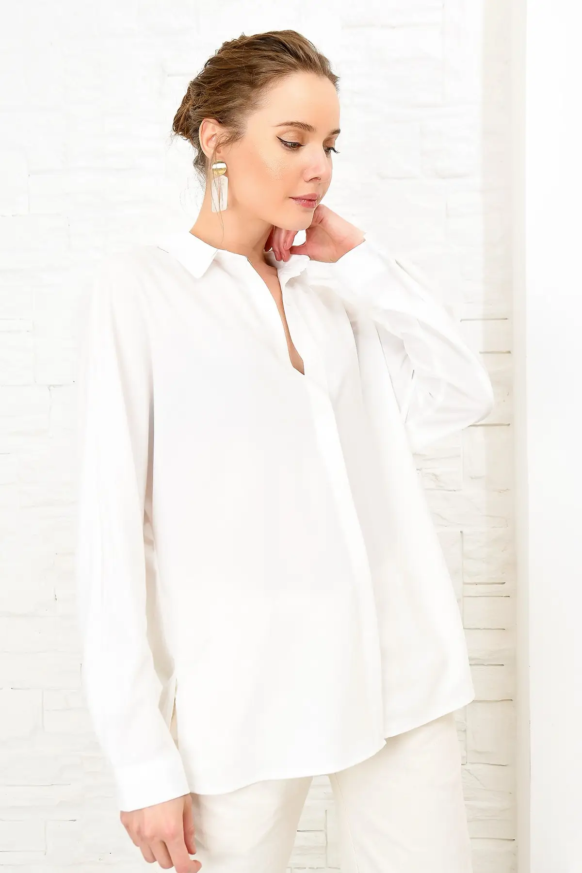 Trend Alacati Style Women So Slits Boyfrıend Crep Shirt DNZ-3166 |