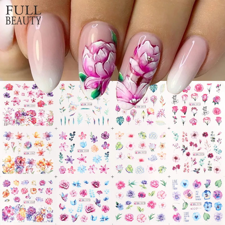 Floral Translucent Flower Nail Water Decals Blooming Rose Leaf Sliders Spring Watercolor Design Decoration Sticker CHBN2065-2076