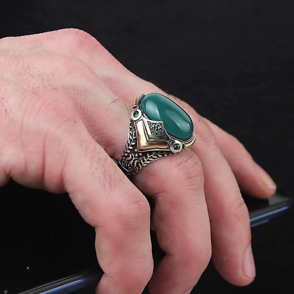 

925 Sterling Silver Ring for Men Green Natural Agate Stone, Jewelry Fashion Vintage Gift Onyx Aqeq Mens Rings All Size