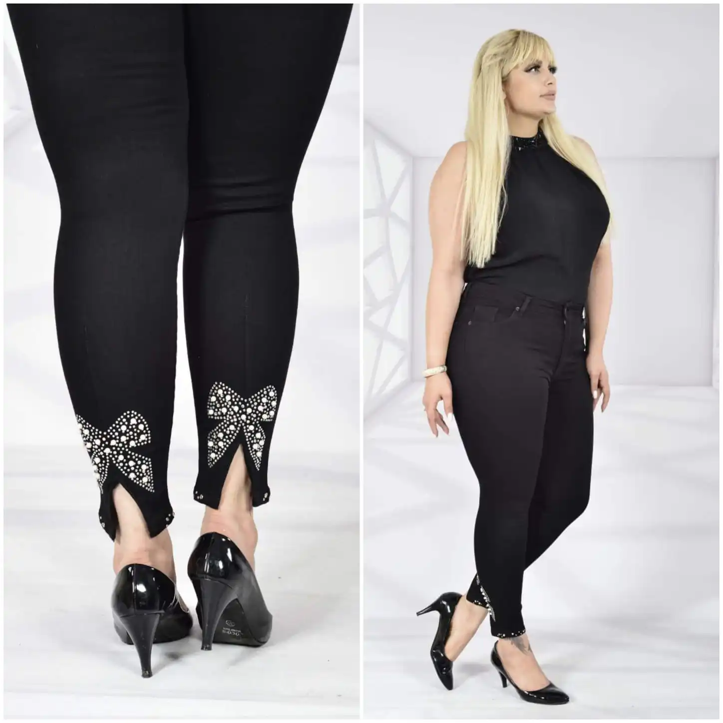 Diaves Women Plus Size High Waist Skinny Ankle Pearl Stone Pattern Detailed Blue Jeans