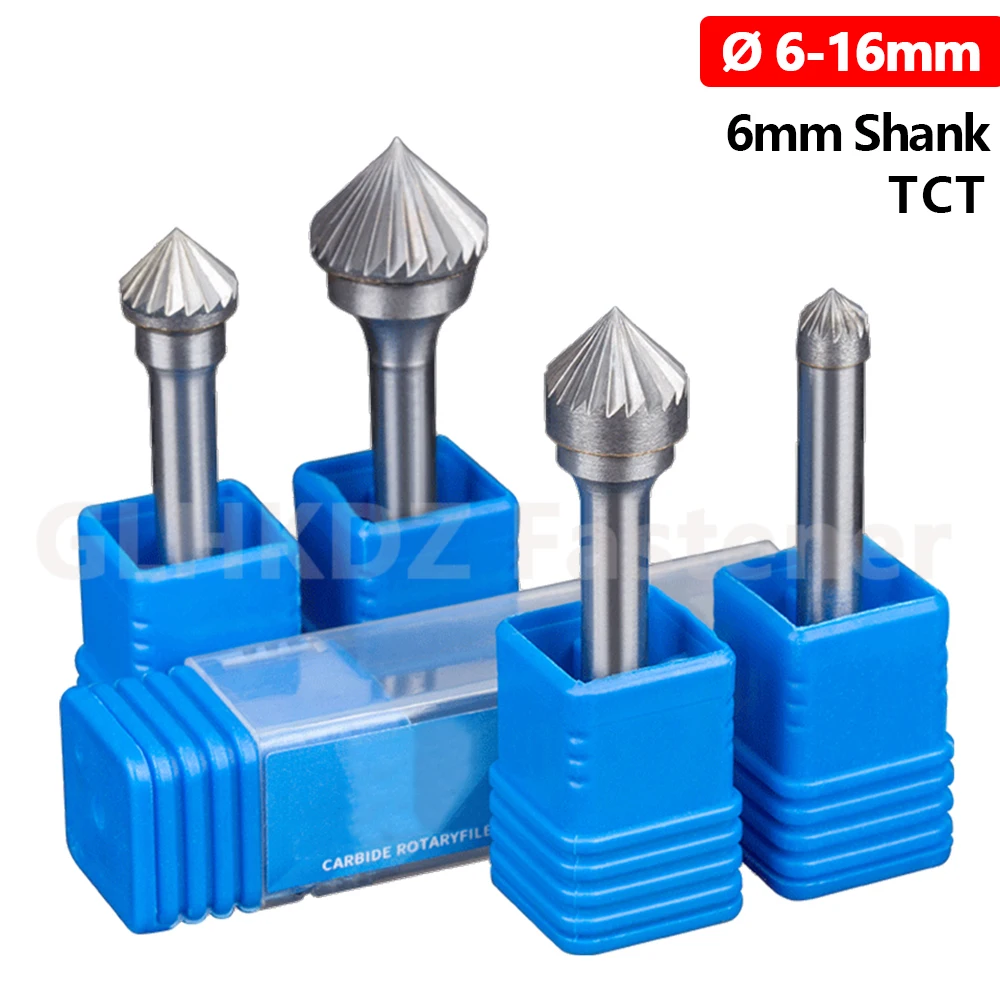 Ø6-16mm TCT Tungsten Carbide Rotary Tool Bit Rotary Burr File Carving Cutter 90 Degree Cone Single Cut 6mm Shank for Die Grinder