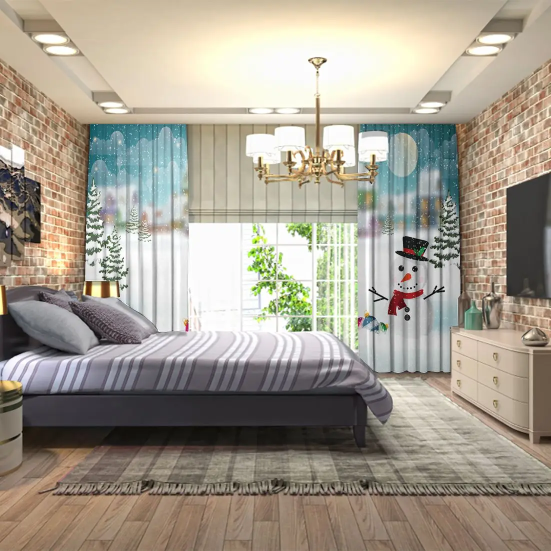 Занавеска зимняя деревня снежные домики пихта Снеговик полная луна звезды