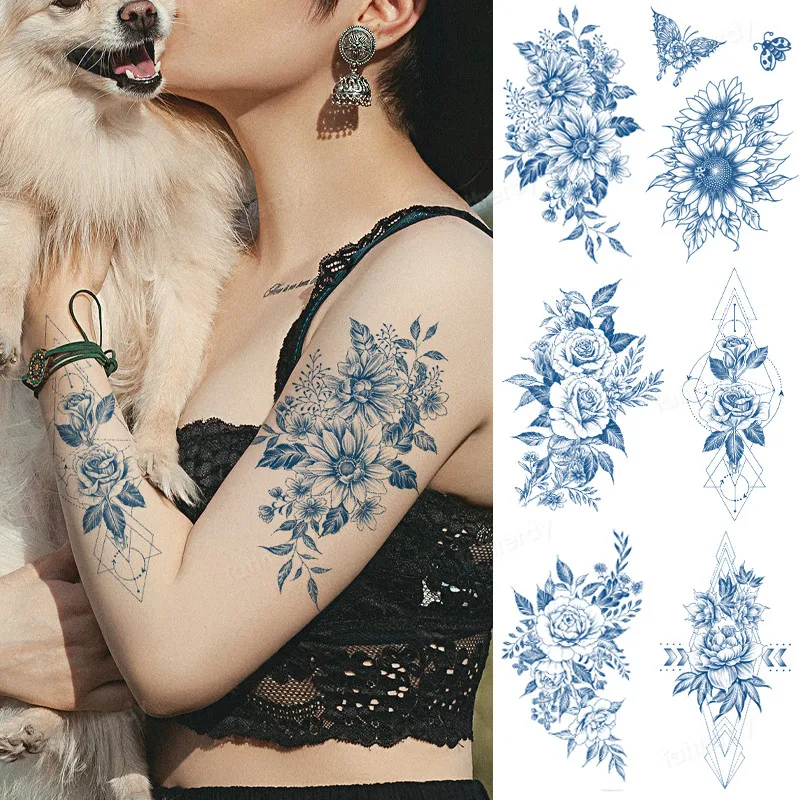 

water transfer tattoo juice ink long lasting semi-permanent tattoo fake sketch flower rose peony daisy butterfly tattoo mandala
