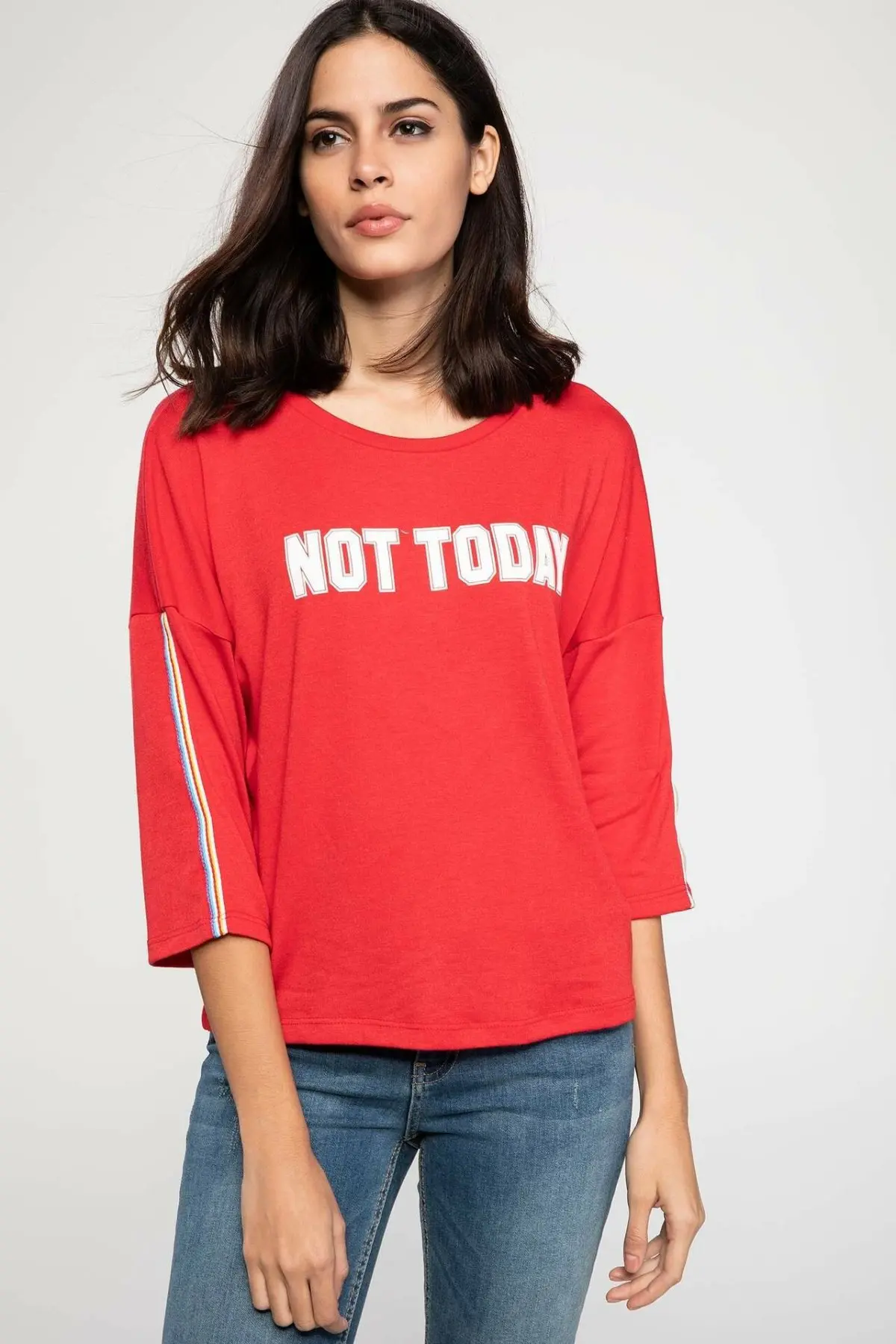 Женский Осенний хлопковый топ DeFacto красного цвета Женская Повседневная T Shirt
