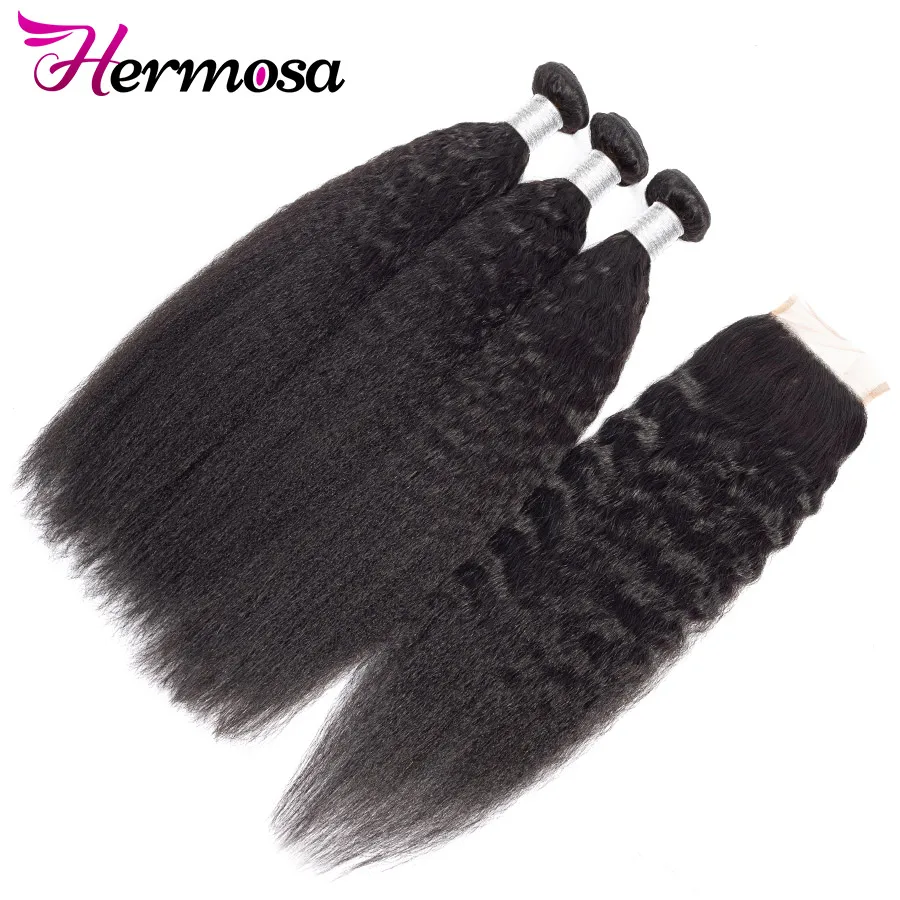 Hermosa Kinky Straight Brazilian Hair Bundles With 4x4 Lace Closure 100% Remy Human Extensions 3 | Шиньоны и парики