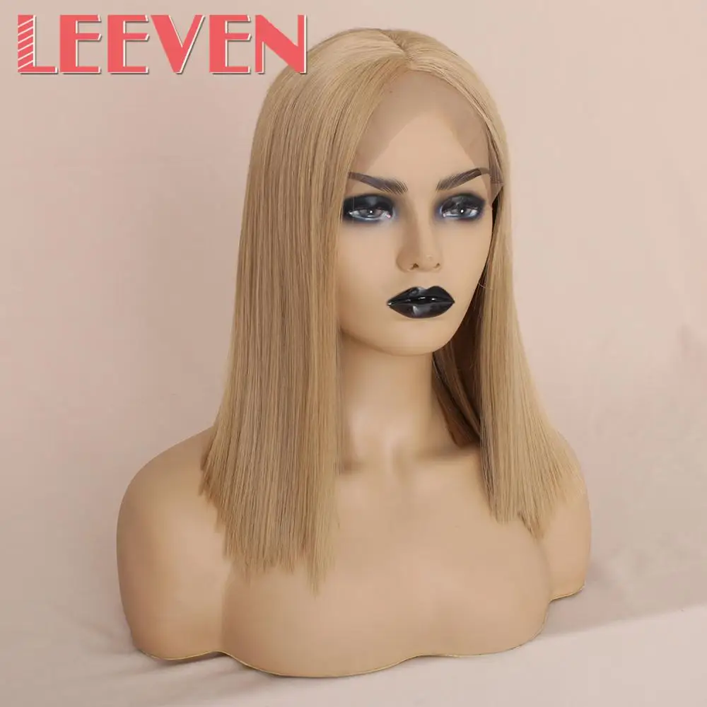 Leeven, 14 дюймов, короткий Боб, кружевные передние парики, розовый, 613 блонд, черные парики, синтетические, шелковистые, прямые волосы, парик для женщин
