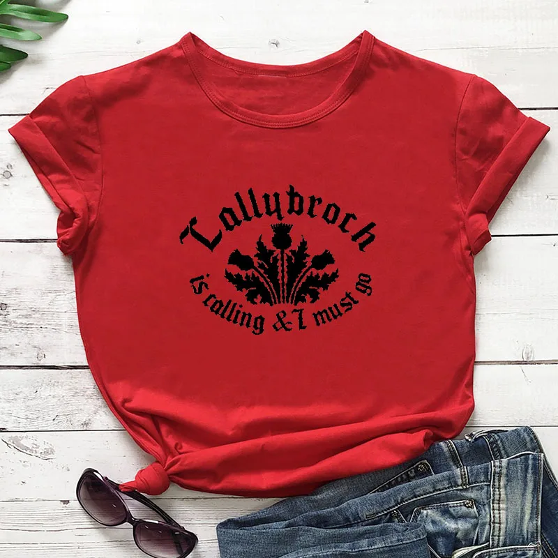 red-black text Lallybroch is call and I must go, Новое поступление, Женская забавная Повседневная футболка из хлопка, рубашки в стиле Outlander - Цвет: red-black text