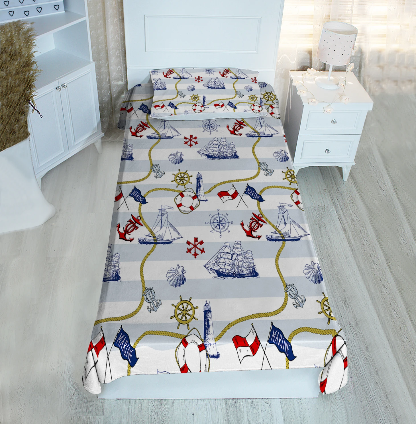 

Белое односпальное покрывало, морской корабль, синий узор, бархатная ткань, бесплатная доставка, качественный продукт, украшение детской ко...