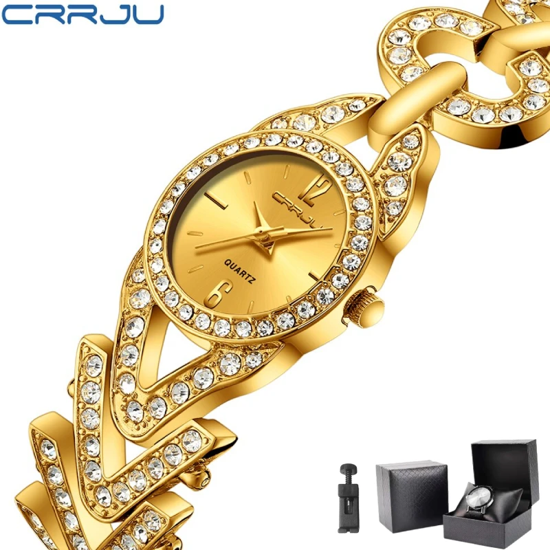 

Часы CRRJU женские с круглым циферблатом, роскошные спортивные блестящие наручные, с бриллиантовым ремешком, подарок для женщин, Прямая поста...