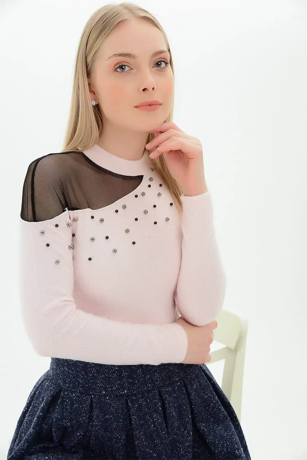 Хлопковое настроение Женская пудра ресницы тек Шул тюль с жемчугом блузка