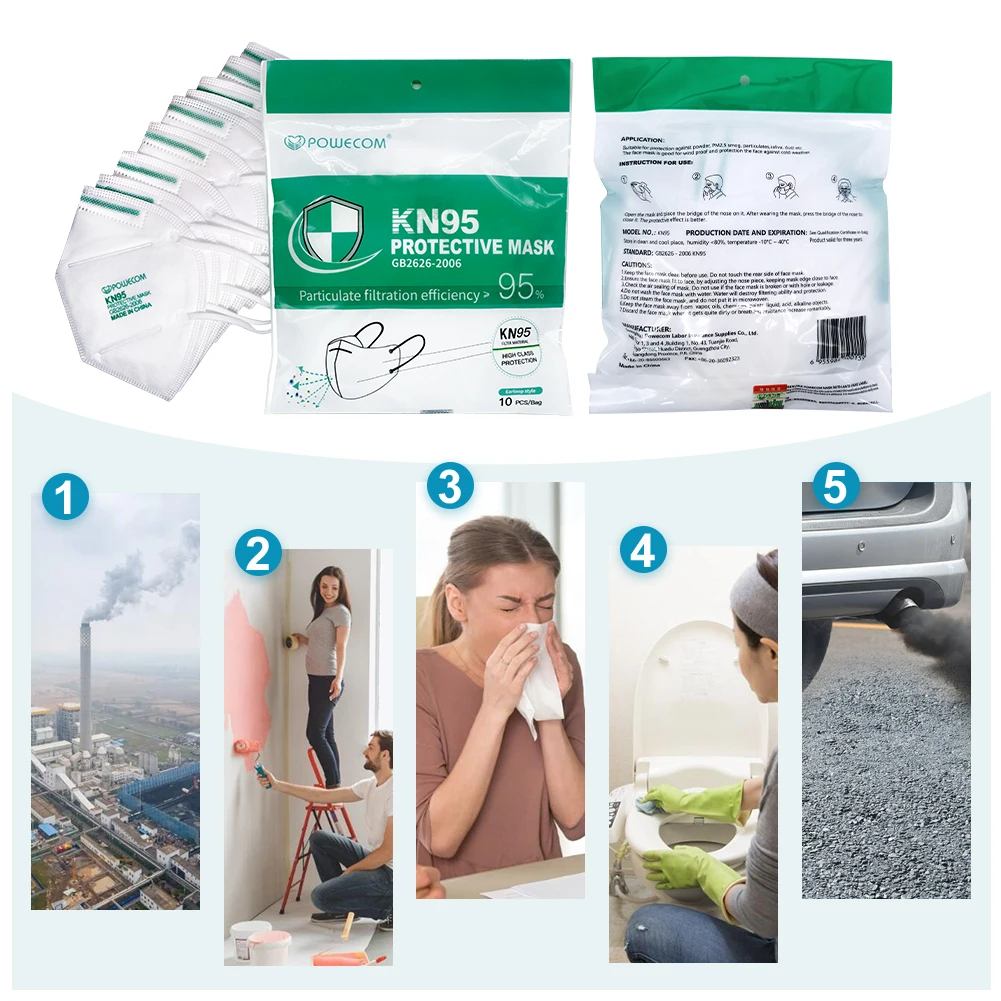 

POWECOM 10/20/30/50Pcs KN95 FFP2 CE Certified Face Mask Breathable 5-Layer Protection Mask 95% Filtration Reusable Cover Mask