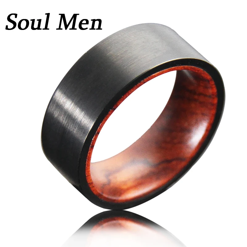 

SoulMen 8MM Genuine Wooden Inlay & Black Surface Tungsten Carbide Ring Comfort Fit Men Wedding Band Engagement Natural Jewelry