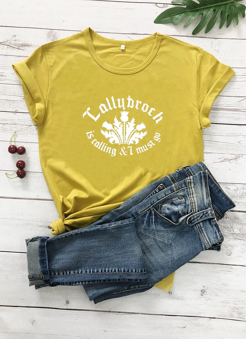mustard-white text Lallybroch is call and I must go, Новое поступление, Женская забавная Повседневная футболка из хлопка, рубашки в стиле Outlander - Цвет: mustard-white text