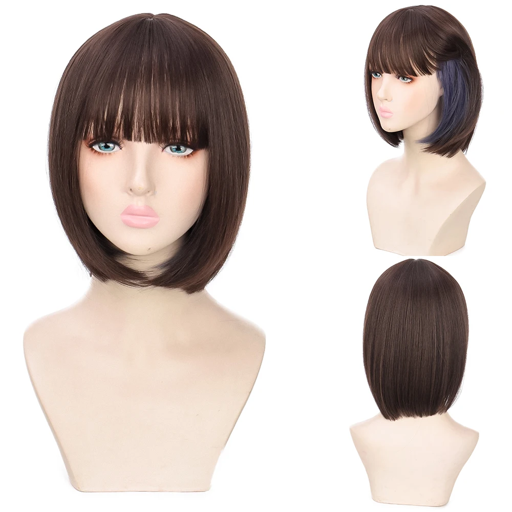 

NC Synthetic Wig Black 30CM With Bangs Straight Hair Highlights Hanging Ear Dye Soft Not Stuffy Cosplay Party Hair Pelucas