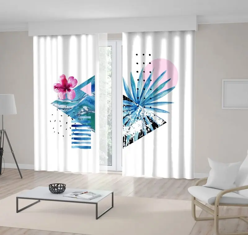 

Curtain Tropical Flowers Palm Leaves Sea Waves Patterns in Triangles Shapes Watercolor Artwork Blue Pink