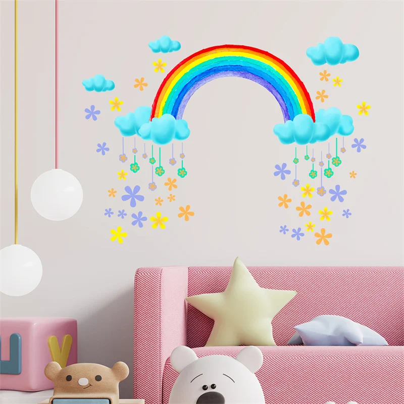 

Rainbow Wall Sticker for Kids Bedroom Decor Colorful Cloud Flower Mural Art Decals for Children Nursery Girls Room Decoration