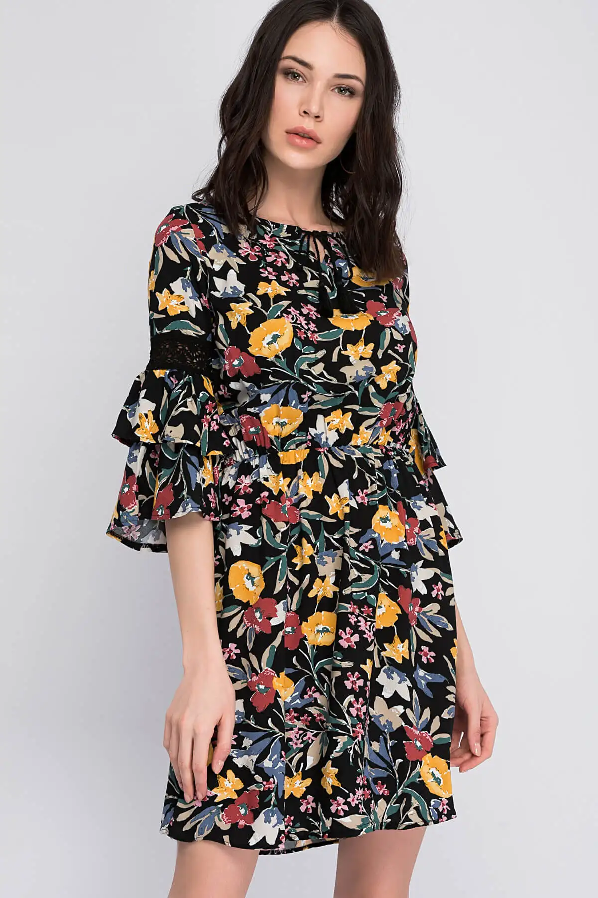 Cotton Mood Women 'S Black Viscose Pattern Wheel Handle Laced Flounces Dress 8122599 | Женская одежда