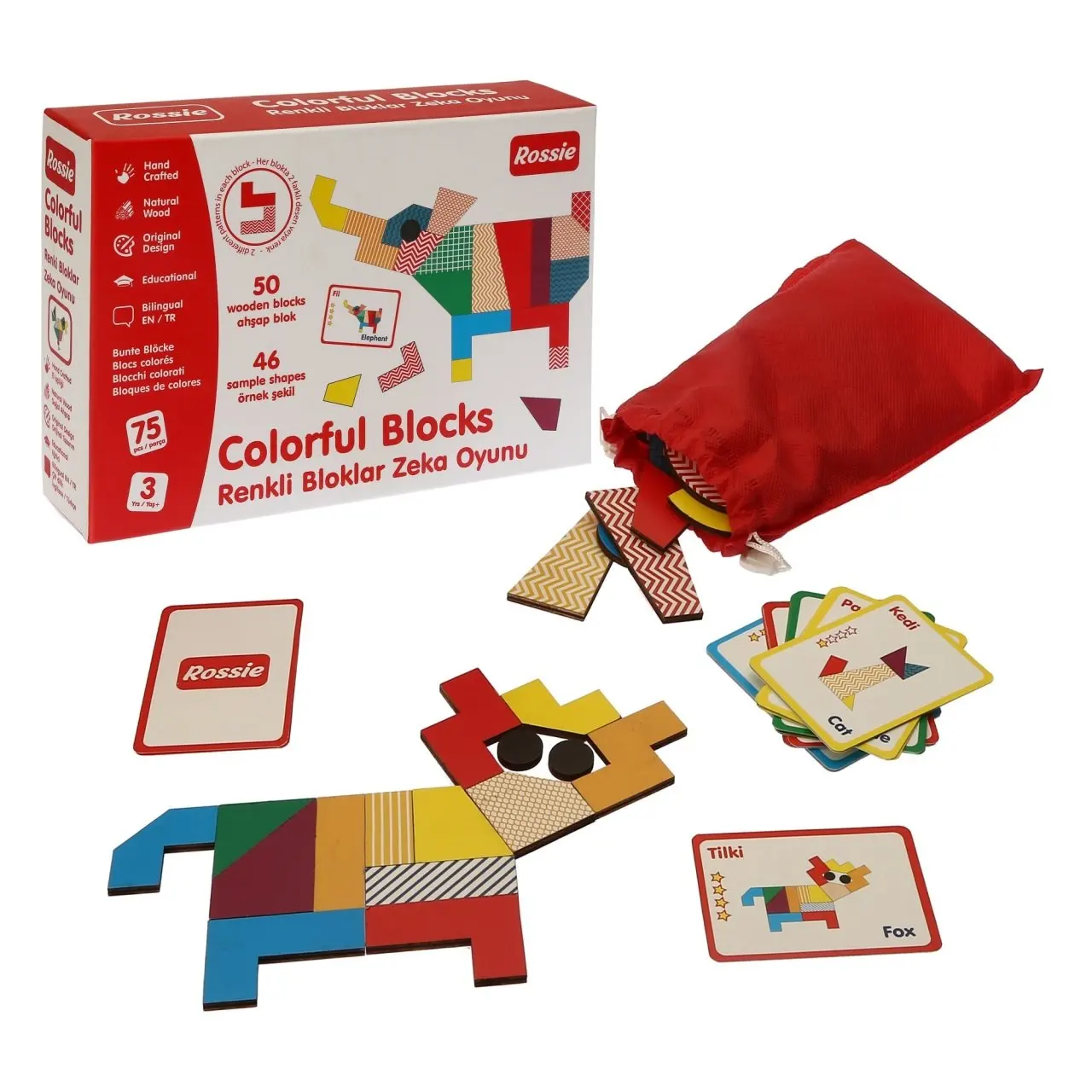 

Colorful Blocks (Wooden Blocks Brain Teaser) contains 50 blocks of various shapes and sizes. One side of the blocks is patterne