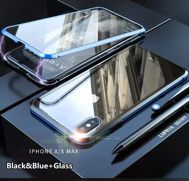 Blue Магнитная Адсорбция прозрачная пленка из закаленного Стекло два боковых Стекло крышка чехол для iPhone X XS макс 7 8 Plus - Цвет: Blue