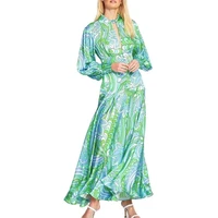 ladies elegant green dress 2022 summer new personalized print lapel design hollow high waist long sleeve large swing dress