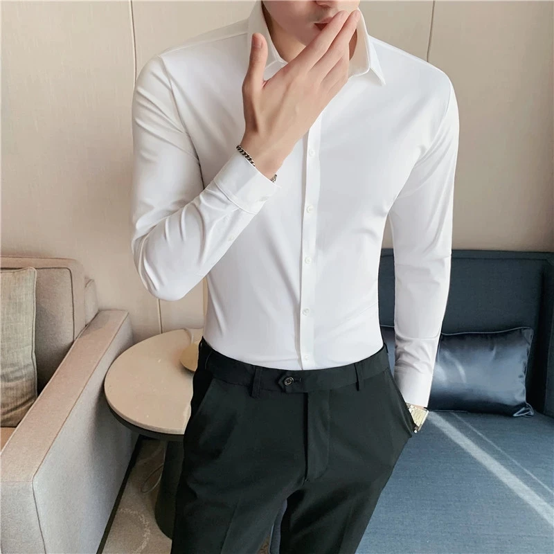 High Elasticity Seamless Shirt Men Casual Slim Fit Long Sleeve Solid Color Business Formal Dress Shirts Social Party Blouse