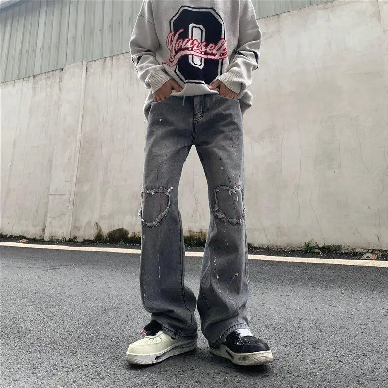 Heart-shaped Y2k Streetwear Jeans Embroidered Women's Trendyol Men Baggy Man Pants Jean Vintage Men's Fashion Straight Leg Black