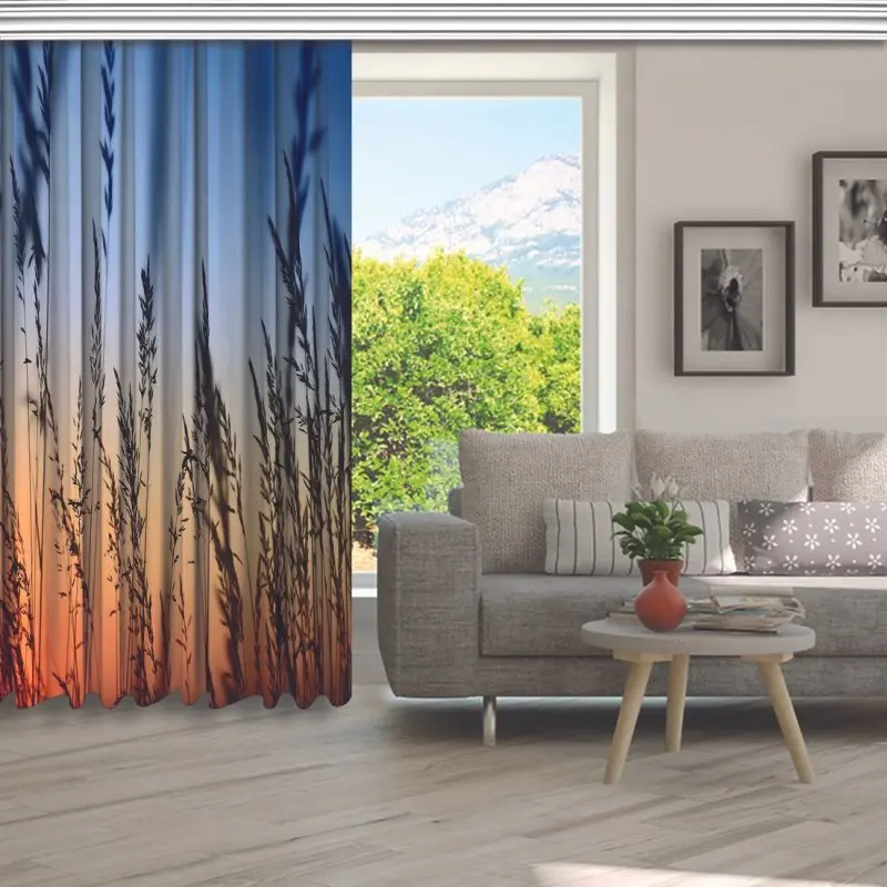 Занавес романтический Закат пейзаж с высокой травой голубое небо оранжевый