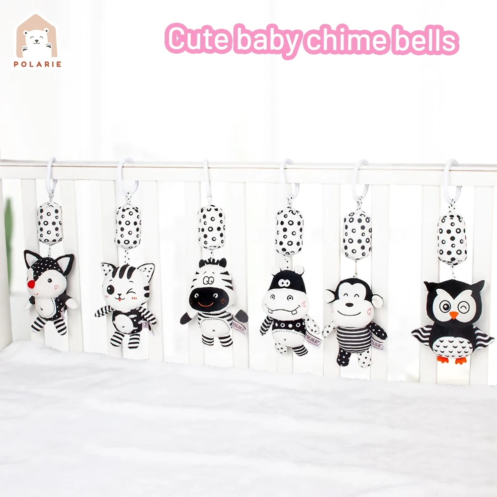 

Коляска для новорожденных, мягкая плюшевая игрушка-погремушка с колокольчиками, черно-белая, для путешествий и обучения