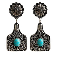 2022 fashion engraved floral cow tag turquoise earrings for women absolutely beautiful retro silver jewelry wholesale
