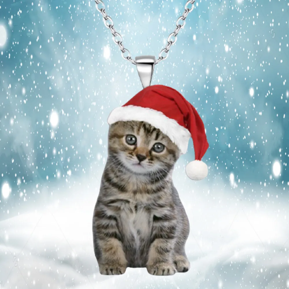 

Exquisite Christmas Cat Acrylic Pendant Necklace Cute Fashion Women's Necklace Party Jewelry Christmas Hat Cat Christmas Gifts